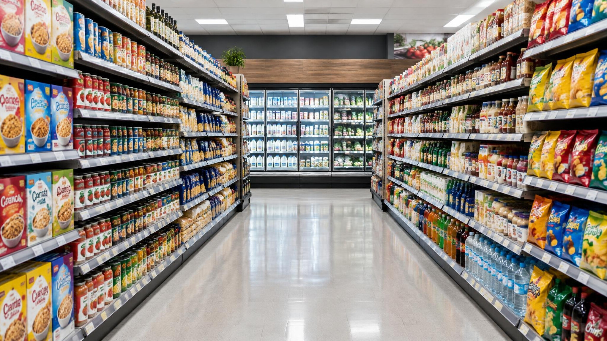 Grocery store aisle with well stocked shelves