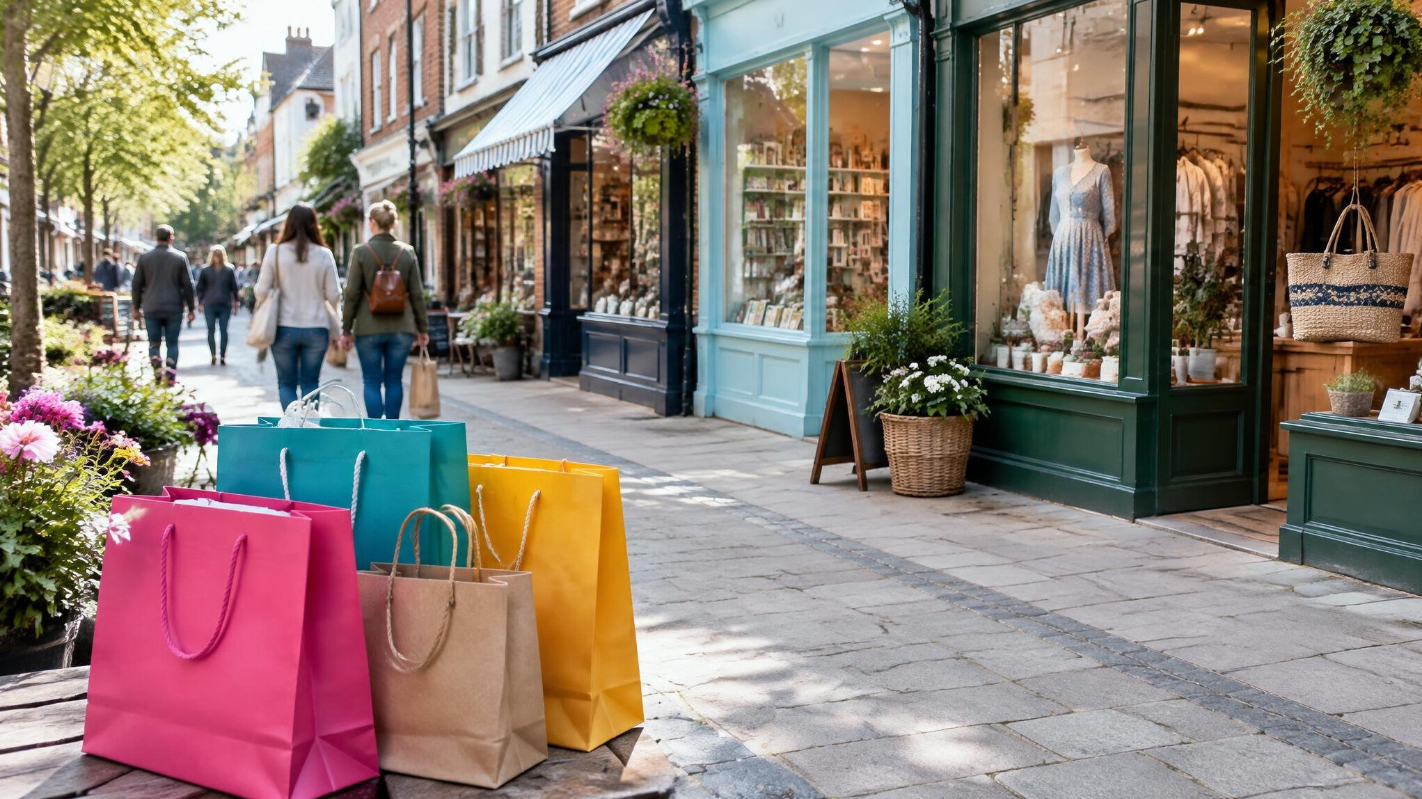 Shop front with shopping bags in a commercial street