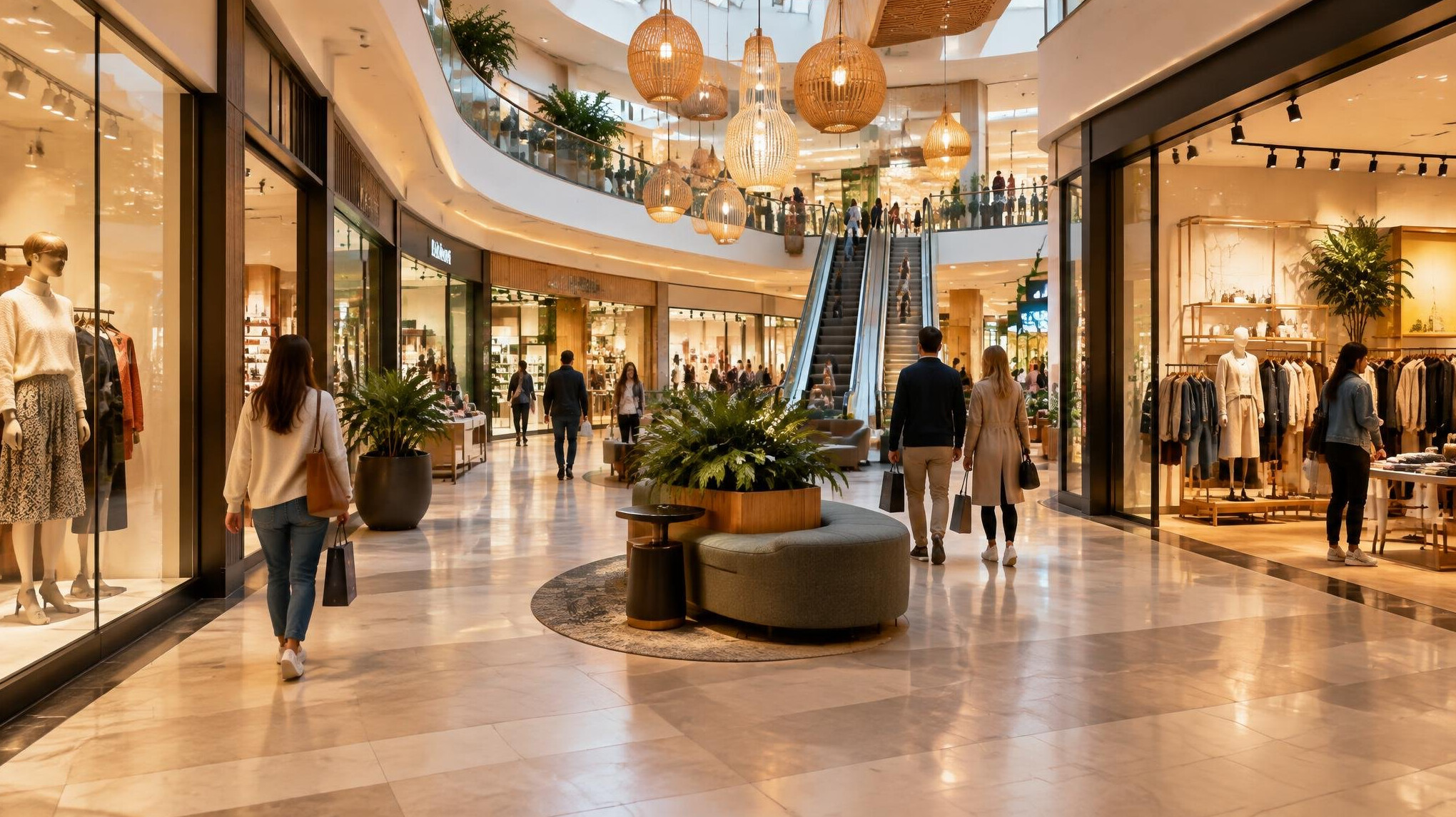 Large shopping centre with warm lights and shelves