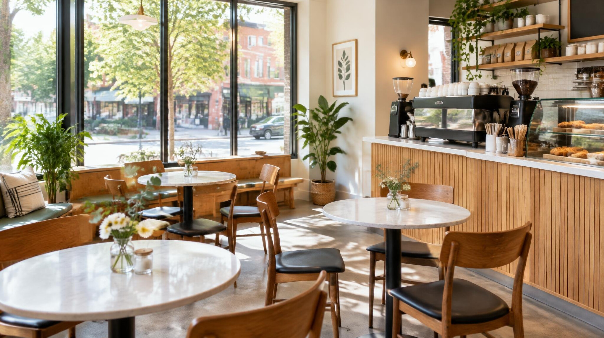 Bright cafe interior with small tables