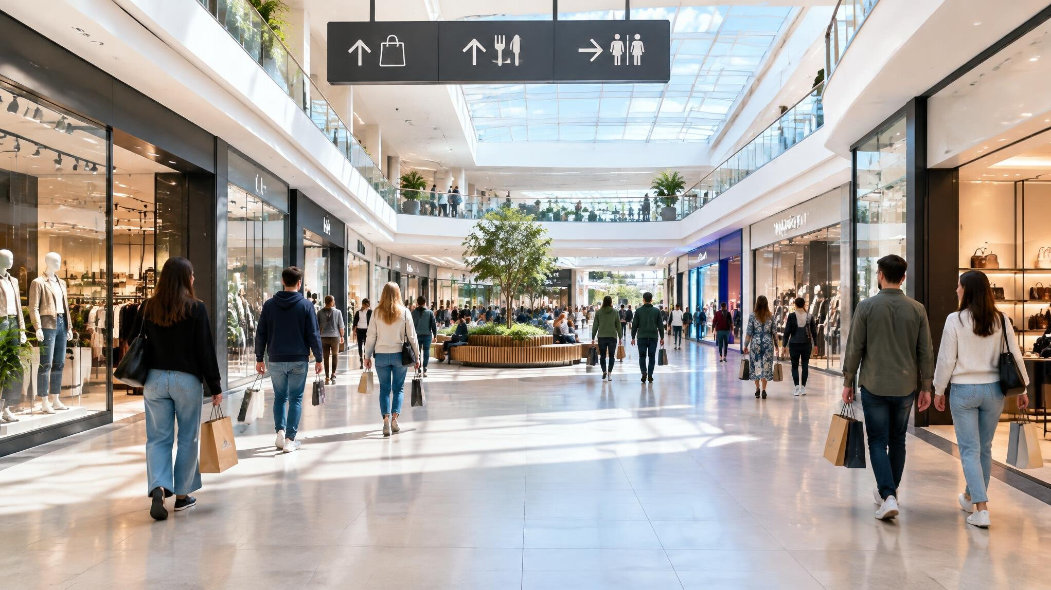 Shopping centre interior with walkways and signage