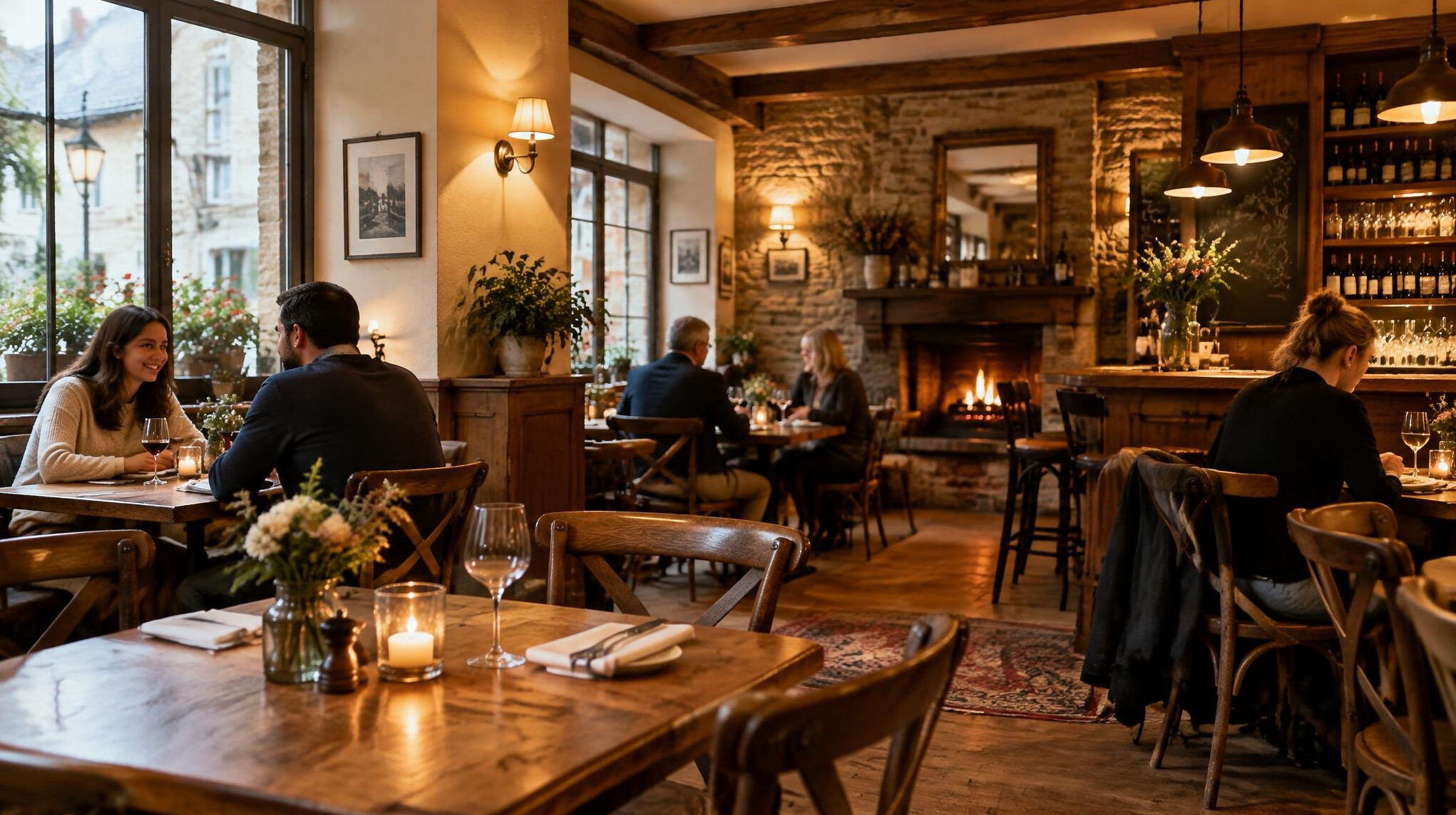Warm restaurant interior with tables and lights
