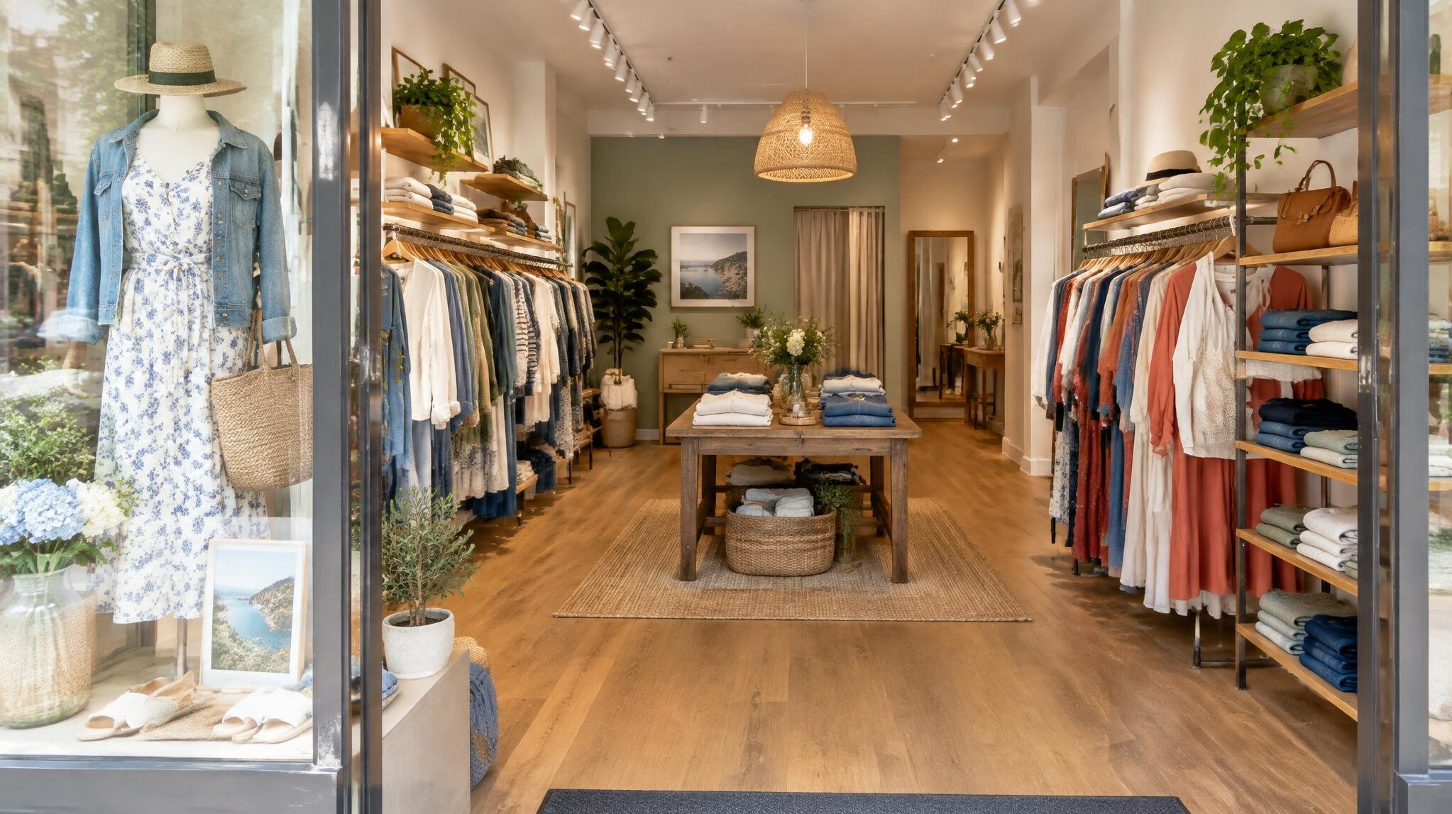 Boutique shop window and interior with clothing display