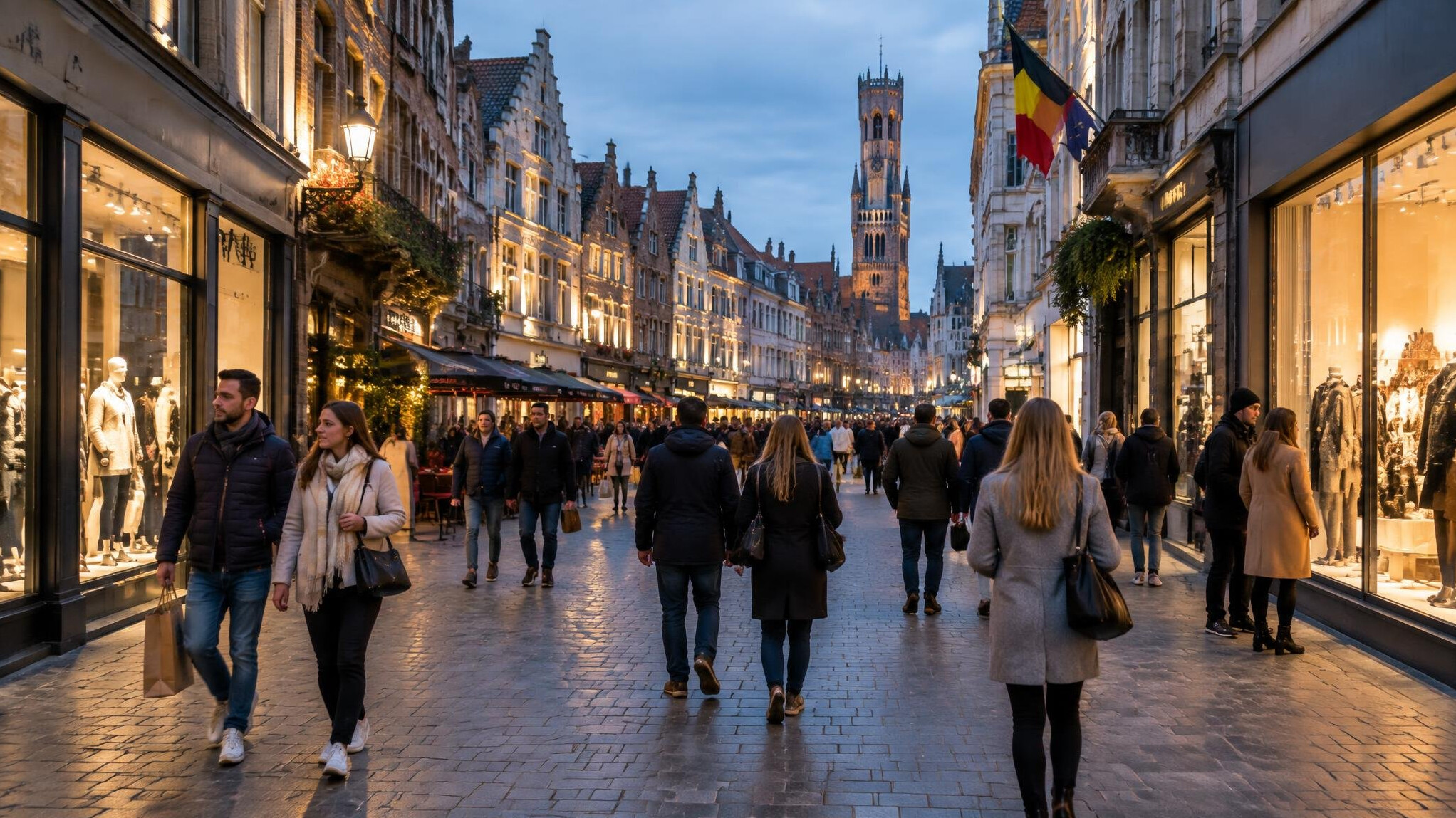 Busy European city street with pedestrians and shops