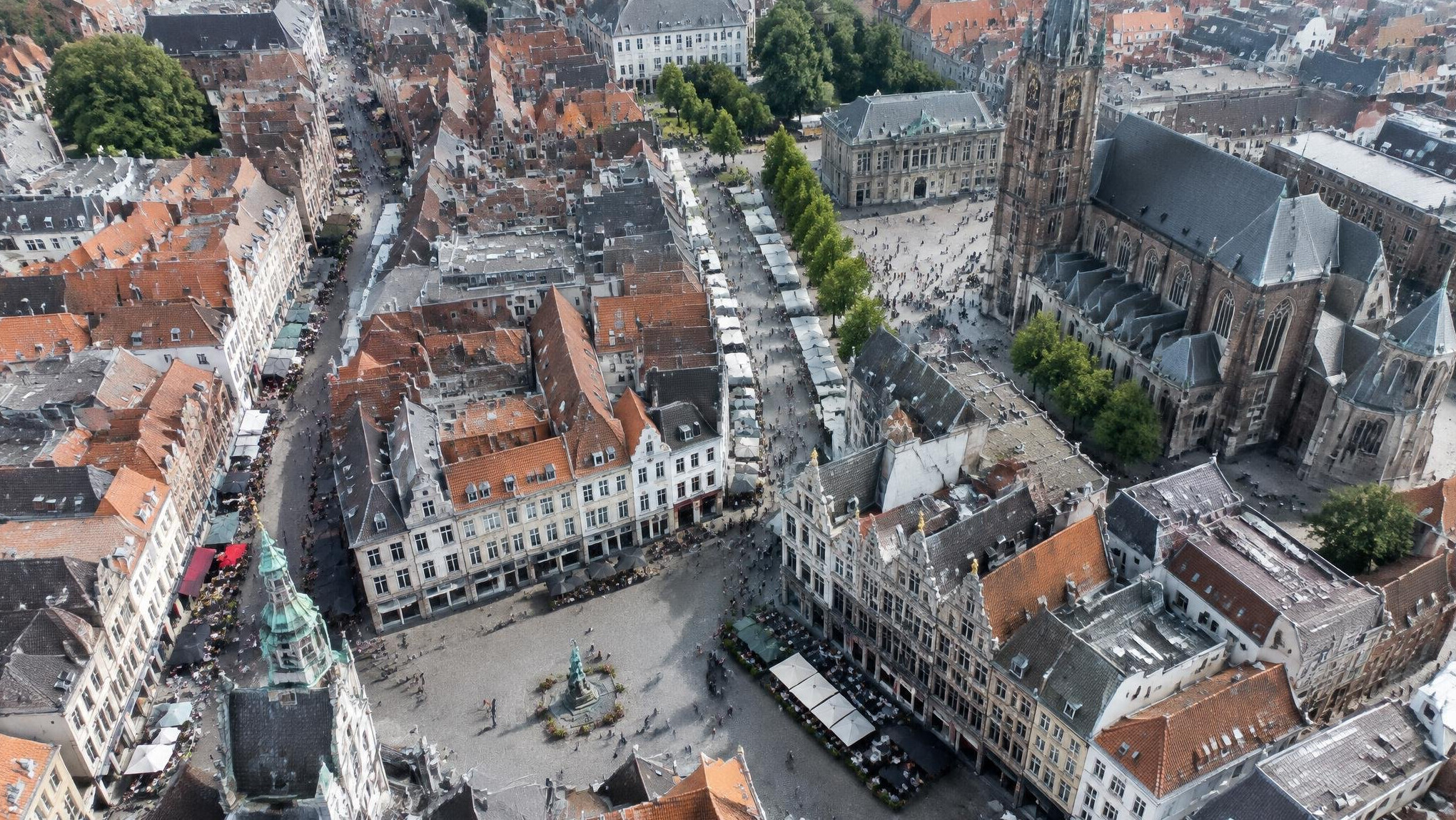 Aerial view of a dense city centre with streets