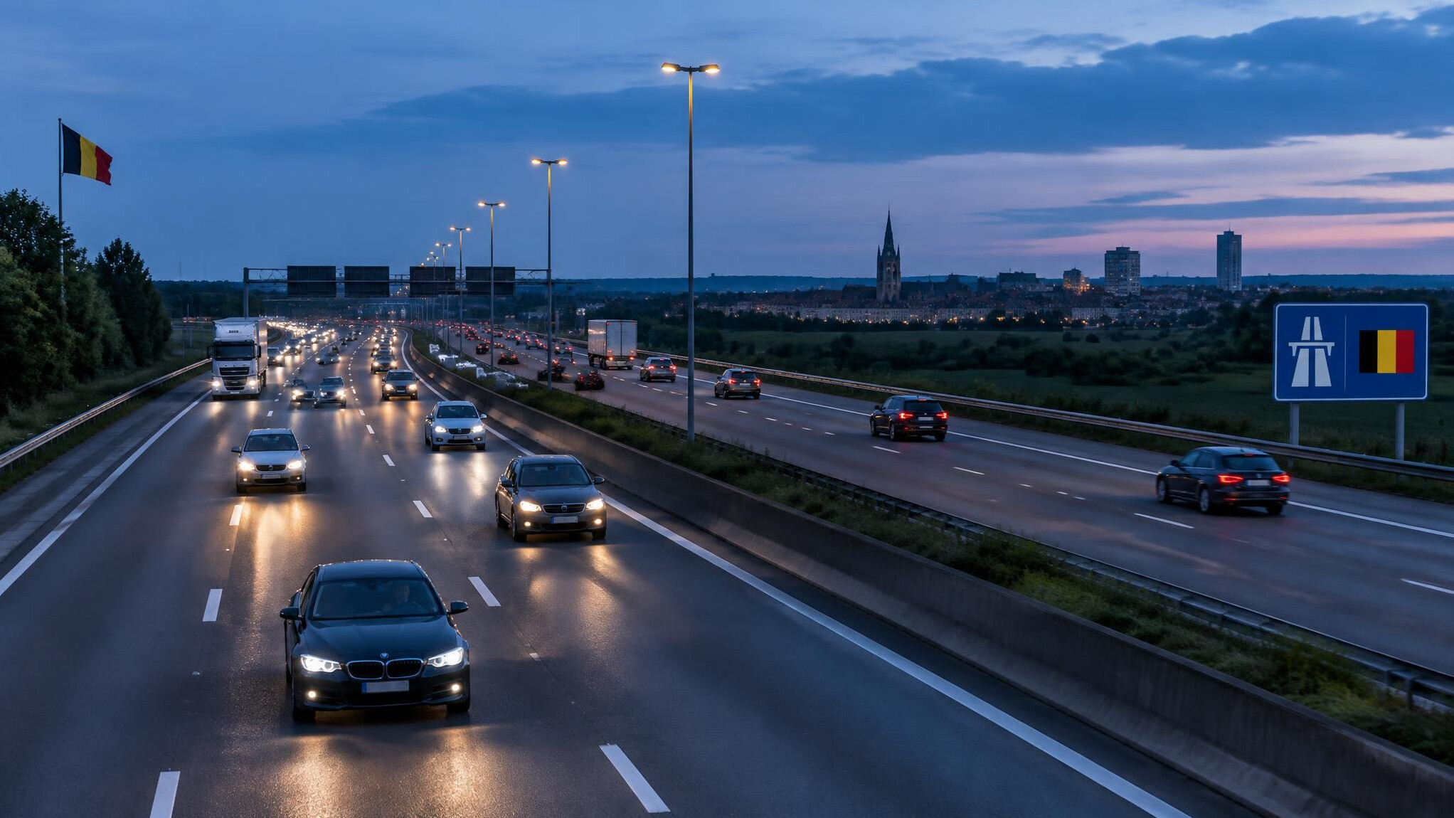 Belgian motorway at dusk with car headlights
