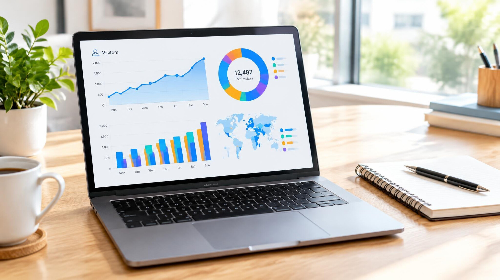 Laptop showing analytics charts on a desk