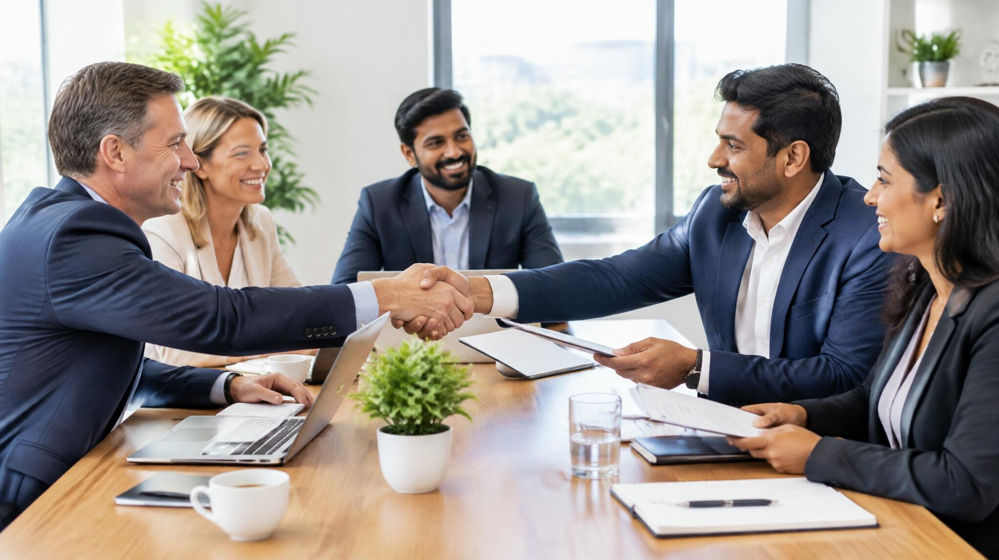 Local business owners shaking hands after a meeting